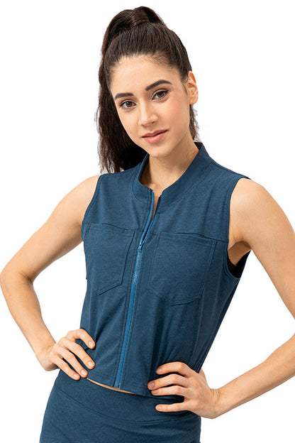 Highly Stretchy Zip Up Sports Vest with Breast Pockets