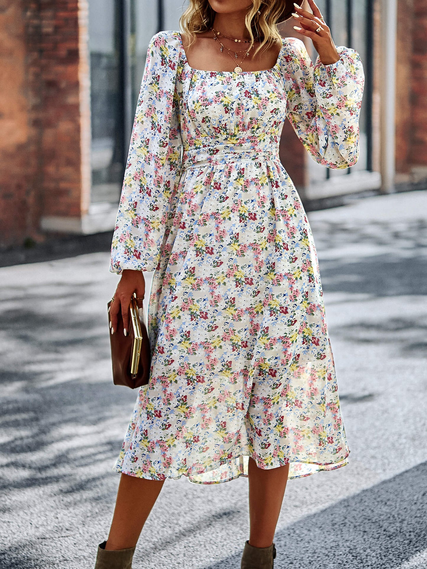 Floral Square Neck Smocked Balloon Sleeve Dress