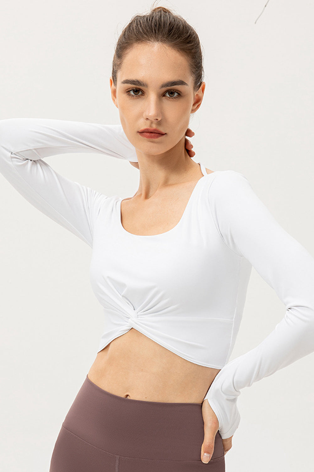 Twist Front Square Neck Long Sleeve Cropped Sports Top