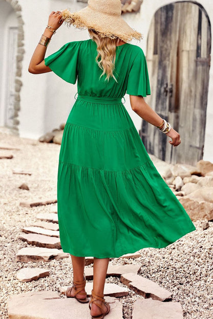 Belted Flutter Sleeve Tiered Surplice Dress