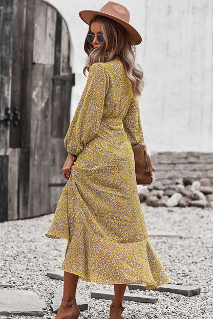 Floral Surplice Neck Long Sleeve Dress