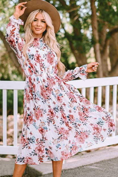 Floral Mock Neck Flounce Sleeve Midi Dress