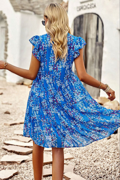 Floral Flutter Sleeve Notched Neck Tiered Dress