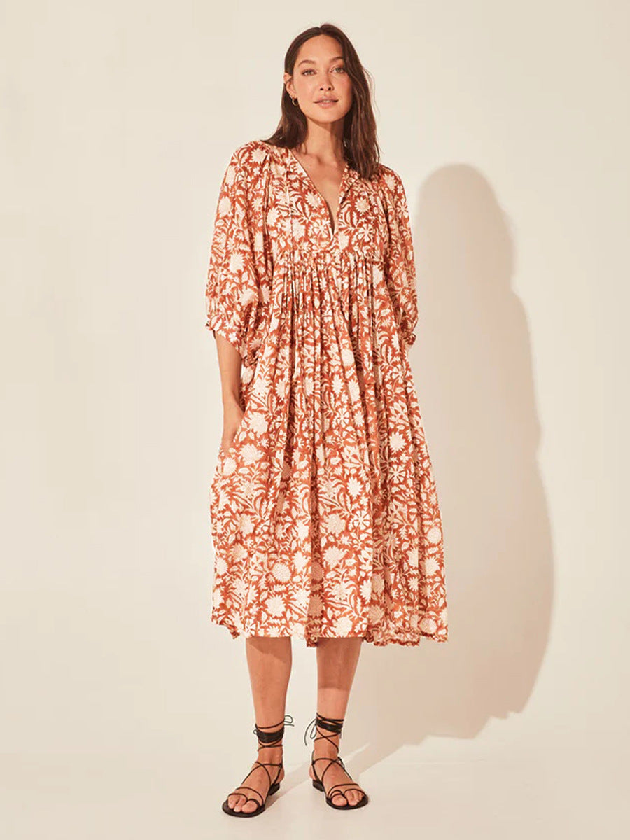 Floral Tie Neck Lantern Sleeve Dress