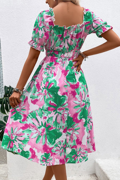 Floral Frill Trim Square Neck Dress