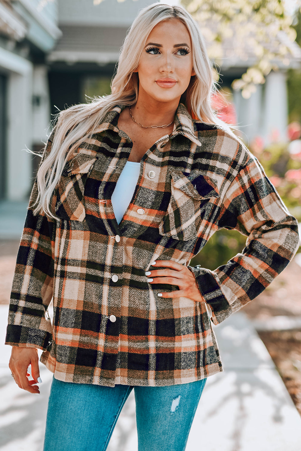 Plaid Button Front Shirt Jacket with Breast Pockets