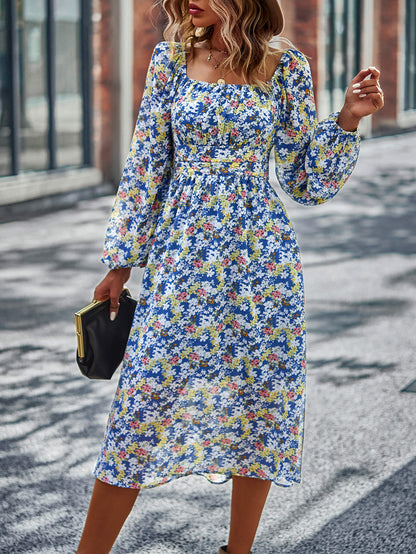 Floral Square Neck Smocked Balloon Sleeve Dress