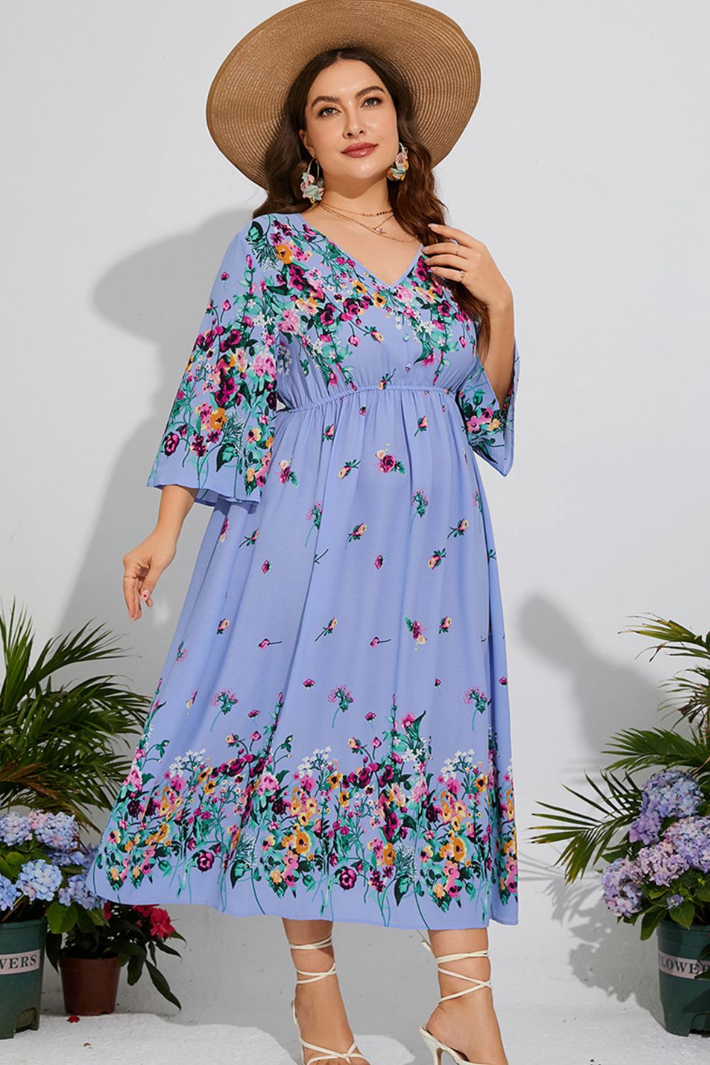 Plus Size Floral V-Neck Three-Quarter Sleeve Midi Dress