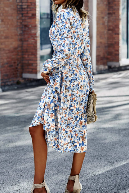 Printed Button Front Belted Tiered Shirt Dress