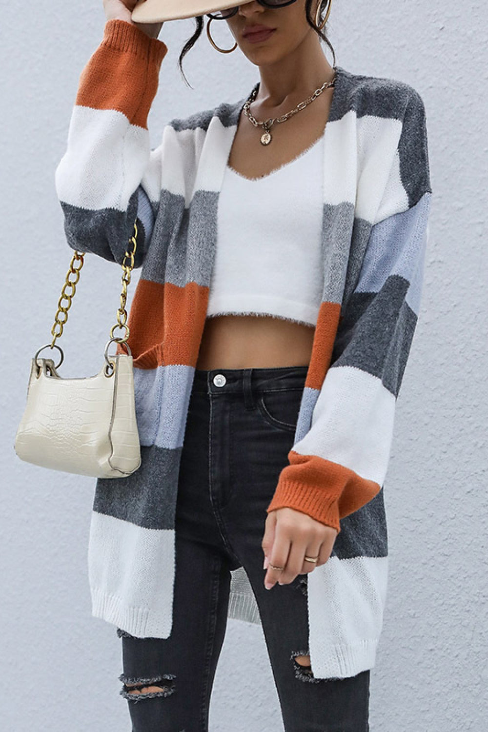 Color Block Long Sleeve Cardigan with Pockets