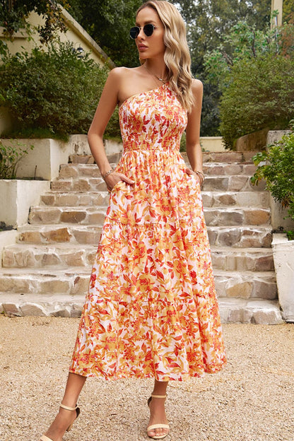 Floral One-Shoulder Sleeveless Dress with Pockets