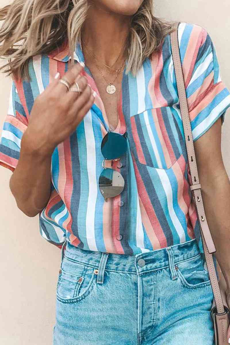 Striped Collared Neck Button-down Pocketed Top