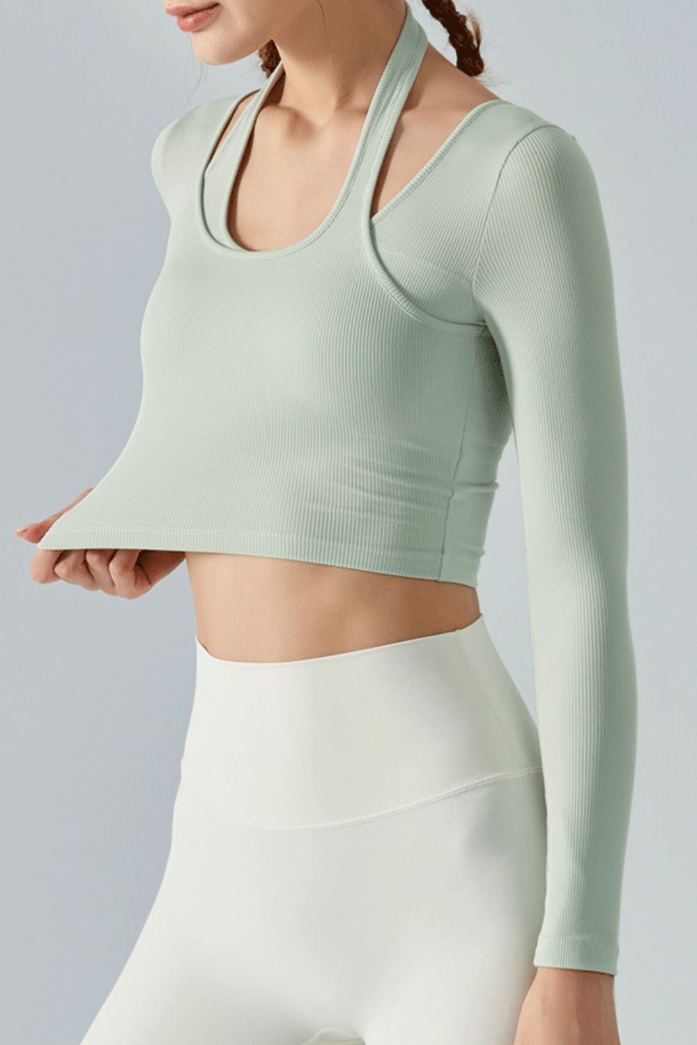 Halter Neck Long Sleeve Cropped Sports Top