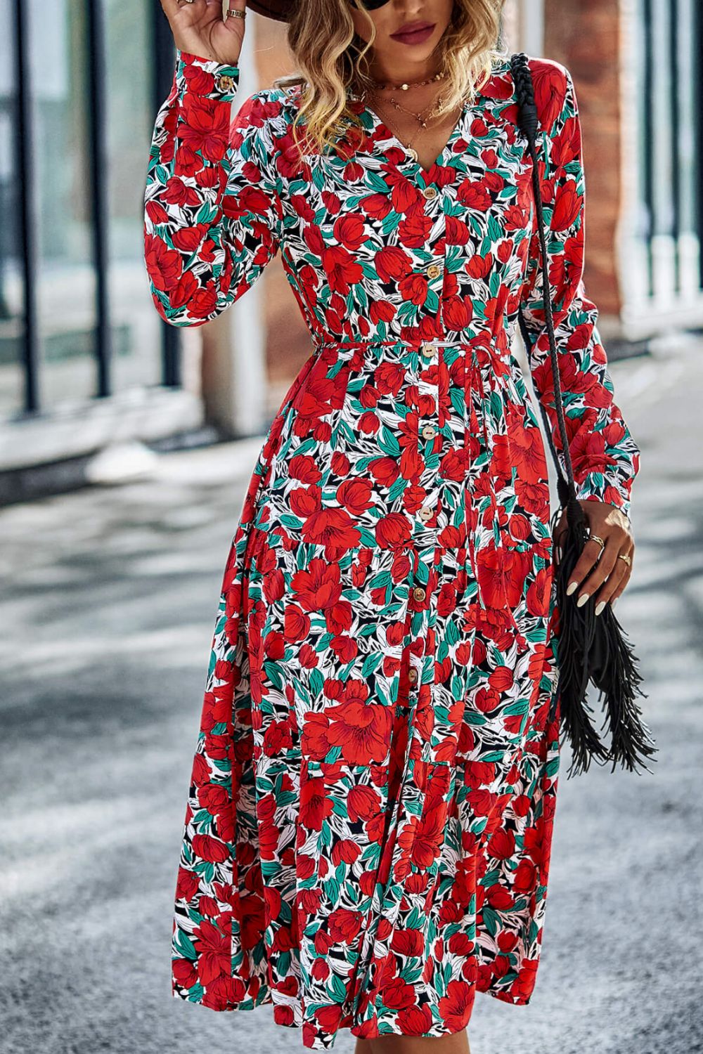 Printed Button Front Belted Tiered Shirt Dress