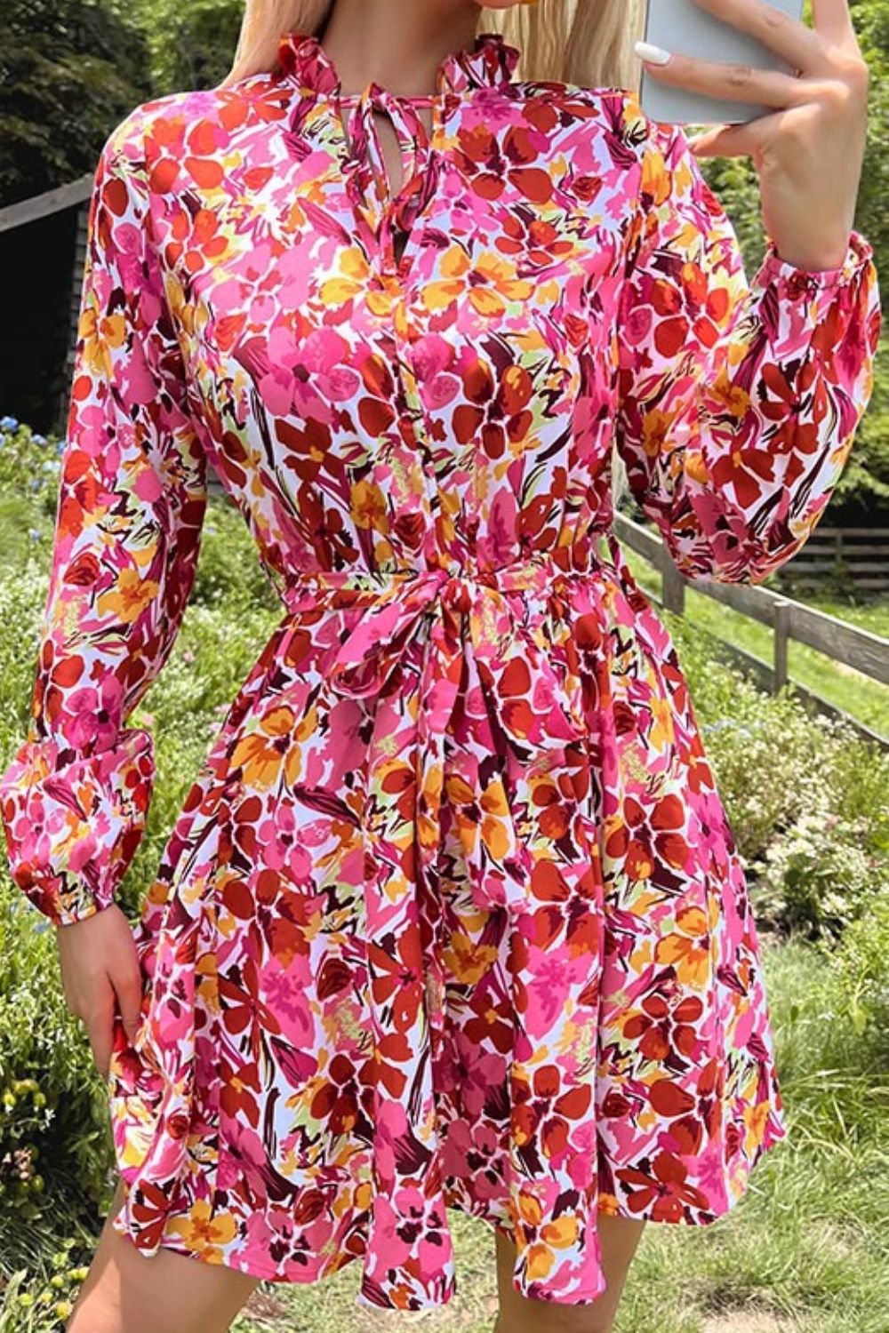 Floral Tie-Waist Tie-Neck Long Sleeve Dress