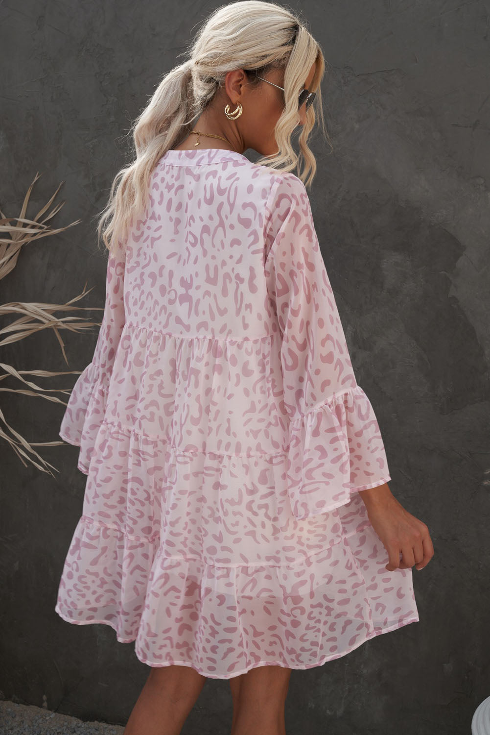 Printed Notched Neck Flare Sleeve Tiered Dress