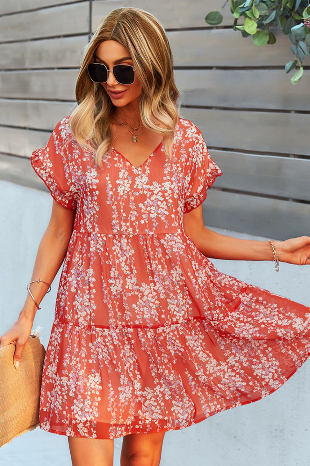 Printed V-Neck Short Sleeve Tiered Dress