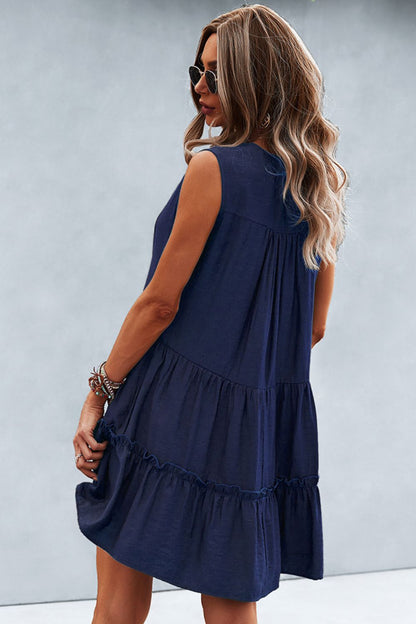 Frill Trim Notched Sleeveless Tiered Dress