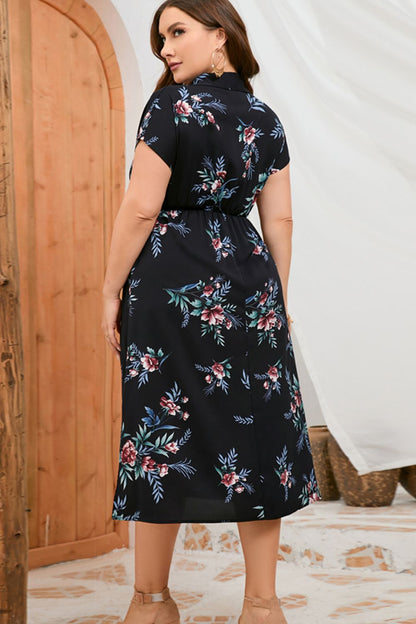 Plus Size Floral Johnny Collar Short Sleeve Dress