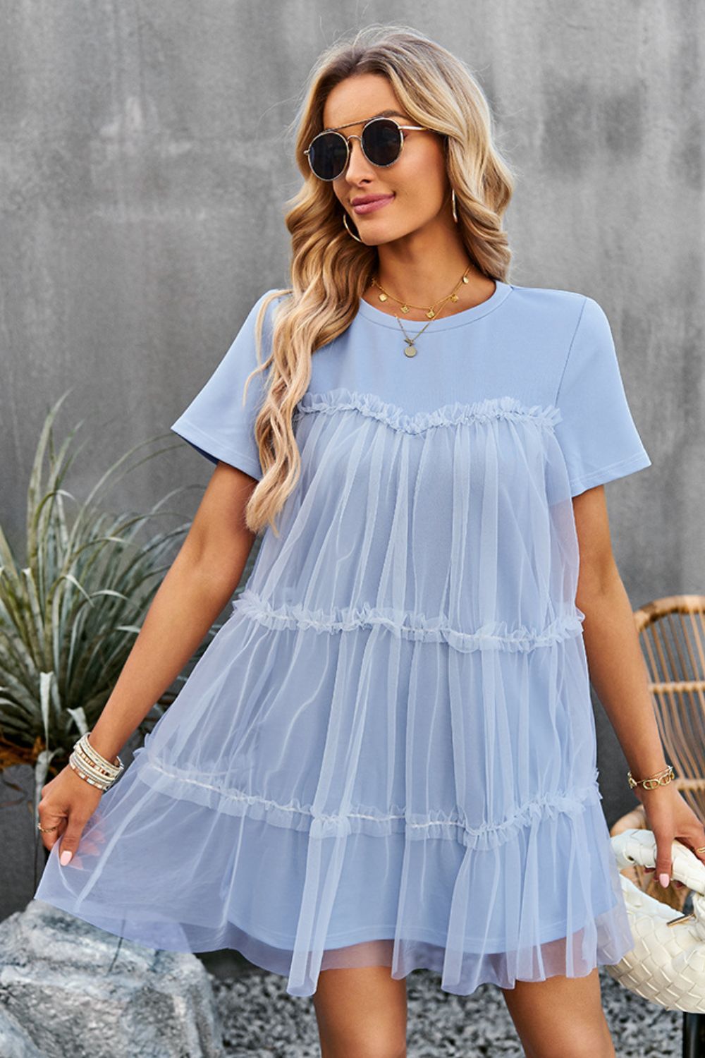 Frill Trim Spliced Mesh Mini Dress