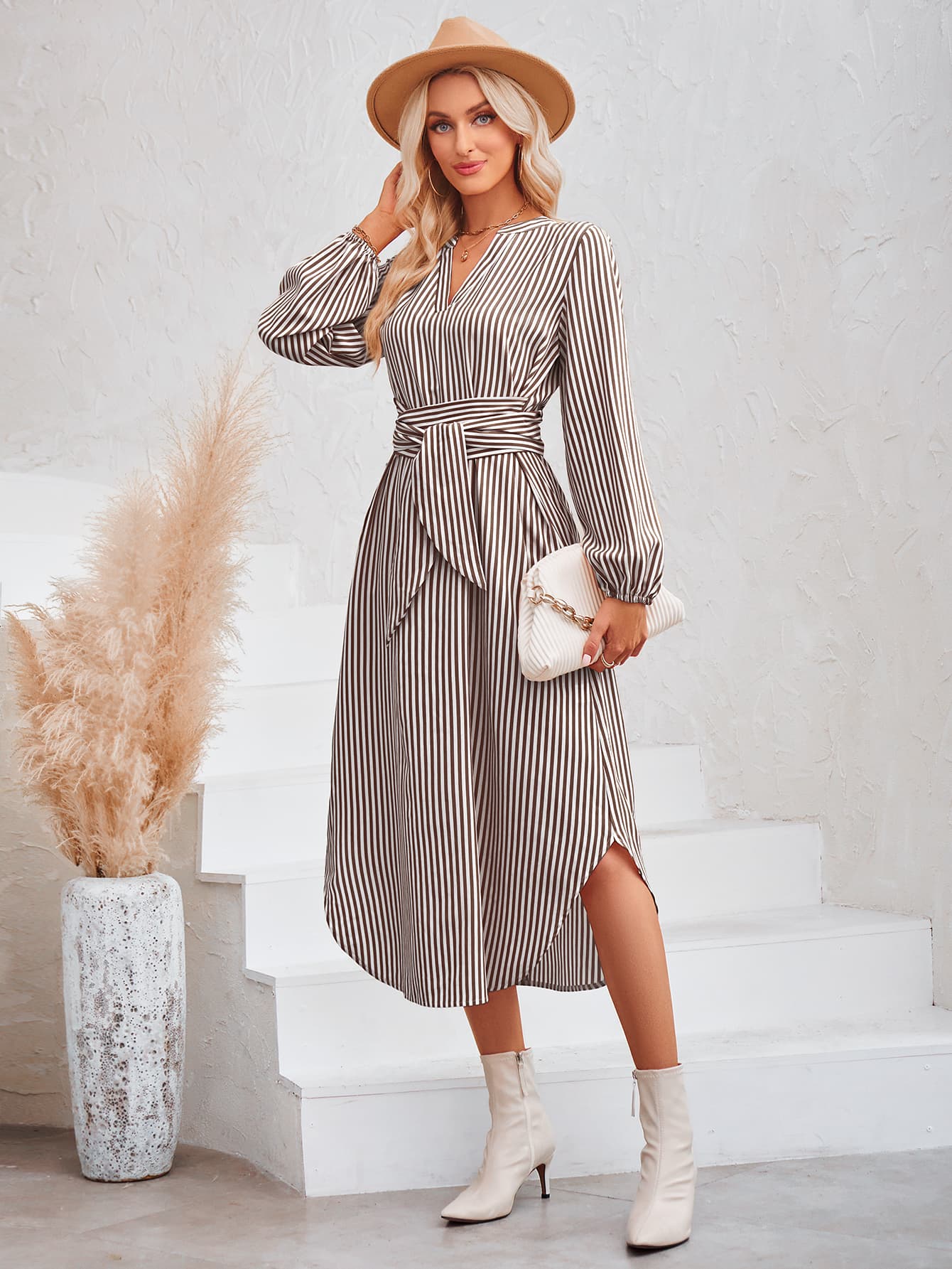 Striped Notched Neck Curved Hem Long Sleeve Dress