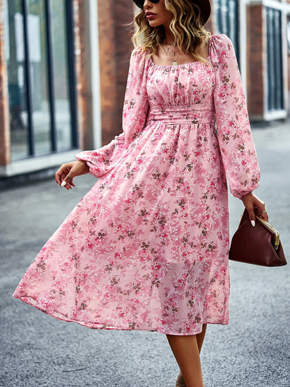 Floral Square Neck Smocked Balloon Sleeve Dress