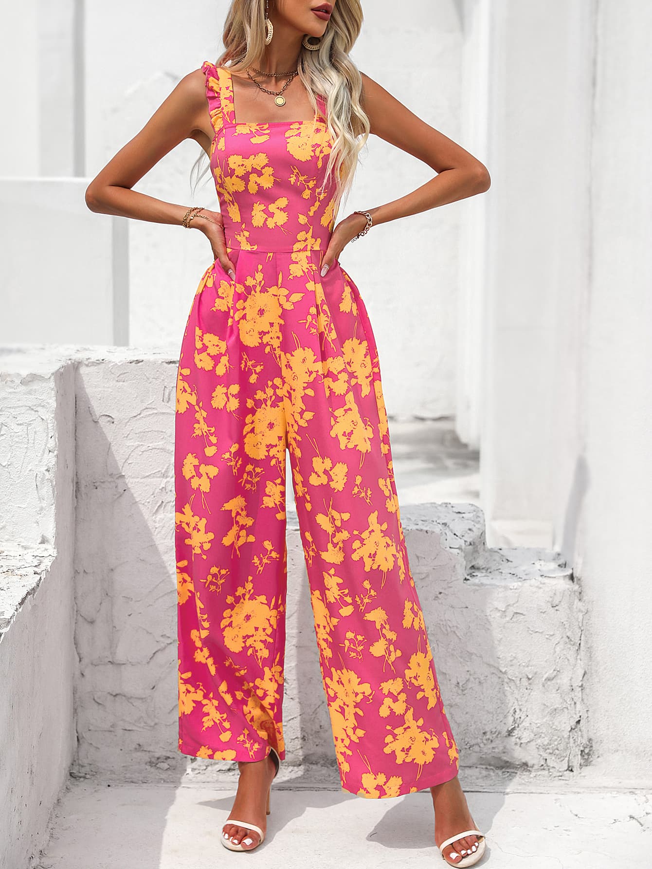 Floral Square Neck Cutout Tie Back Jumpsuit