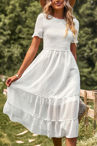 Swiss Dot Smocked Round Neck Short Sleeve Midi Dress