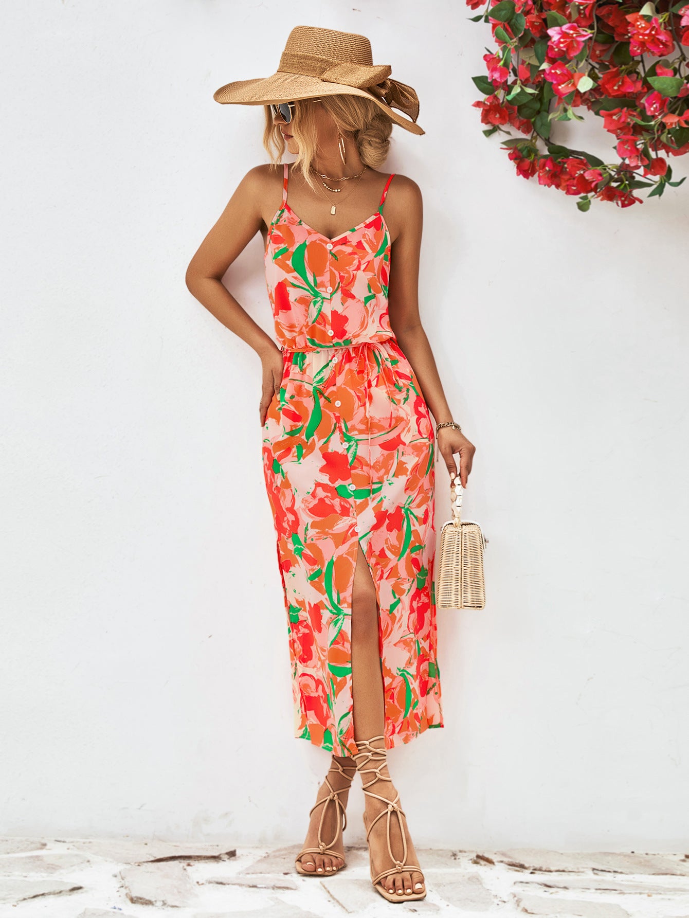 Printed Spaghetti Strap Front Slit Dress