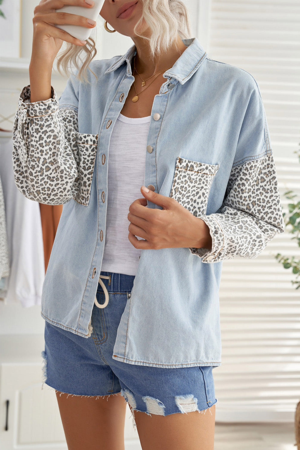 Leopard Contrast Denim Top