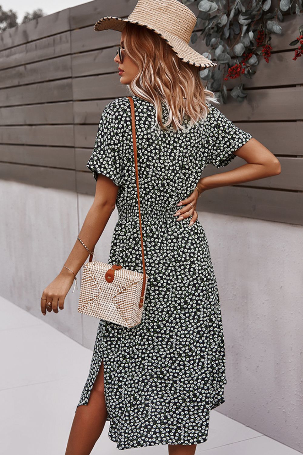 Floral Tie Front Slit Dress