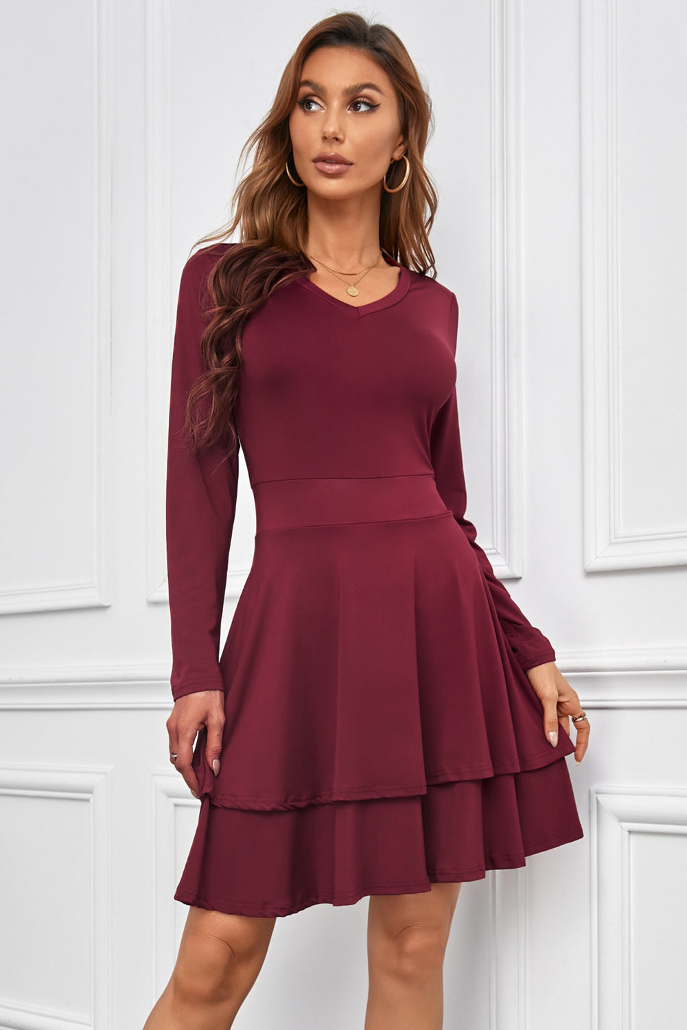 Layered V-Neck Long Sleeve Dress