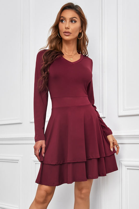 Layered V-Neck Long Sleeve Dress