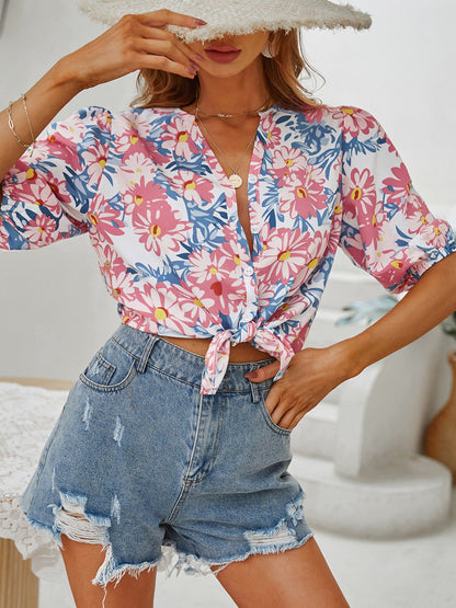 Floral Puff Sleeve V-Neck Shirt