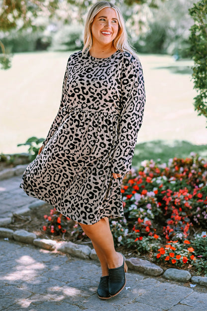 Plus Size Leopard Round Neck Flounce Dress