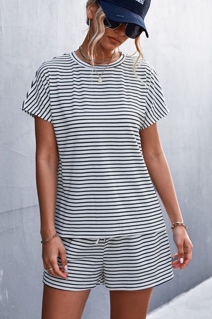 Striped Round Neck Tee and Shorts Set