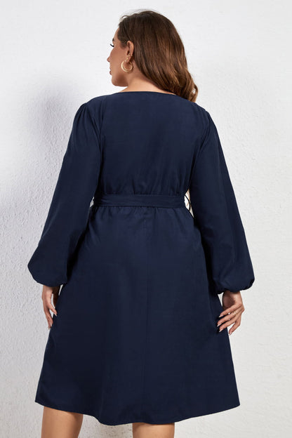 Plus Size Buttoned Tie Belt Round Neck Long Sleeve Dress