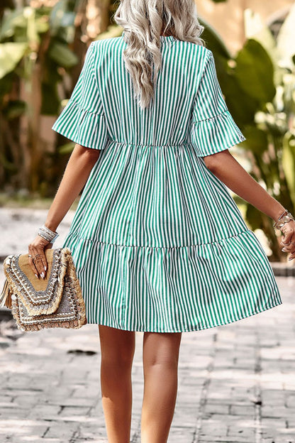 Striped Tie Neck Flare Sleeve Dress