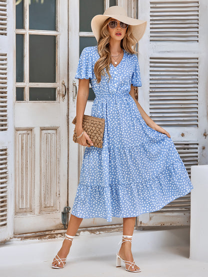 Printed Flutter Sleeve Tiered Dress