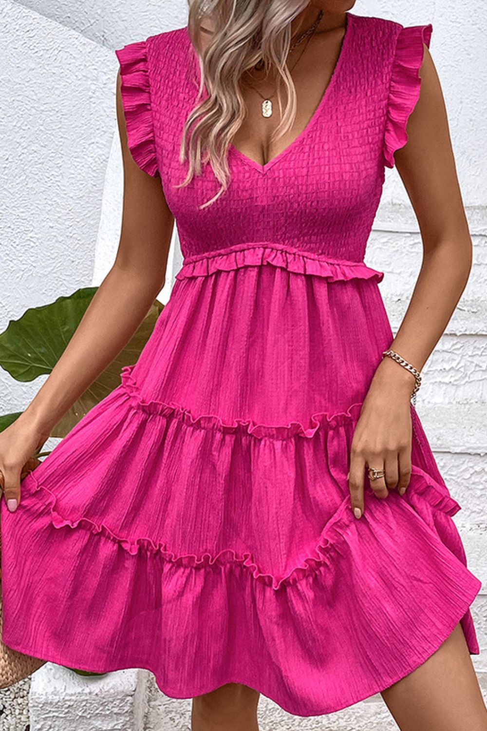 Smocked Frill Trim Deep V Dress