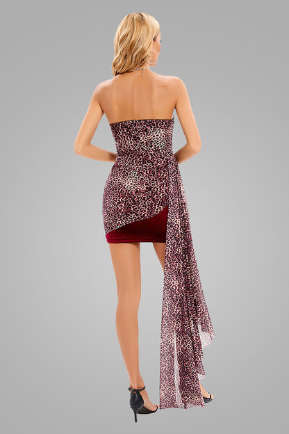 Leopard Spliced Velvet Strapless Dress