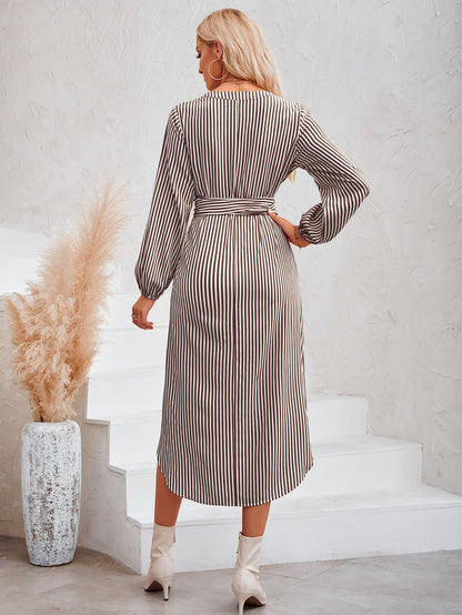 Striped Notched Neck Curved Hem Long Sleeve Dress