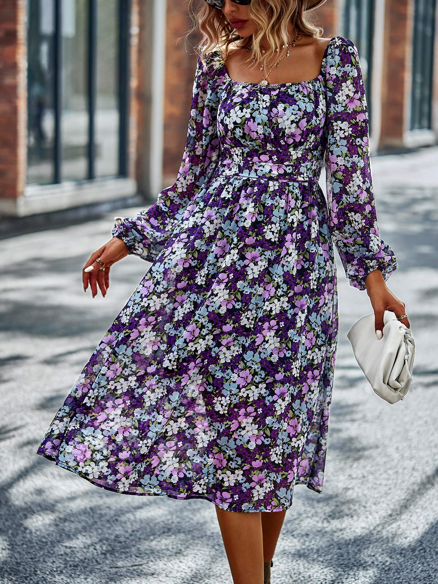 Floral Square Neck Smocked Balloon Sleeve Dress