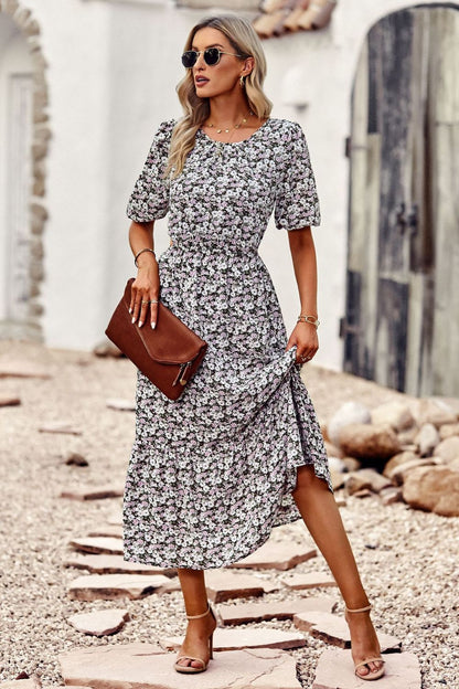 Floral Cutout Puff Sleeve Midi Dress