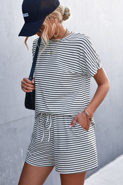 Striped Round Neck Tee and Shorts Set