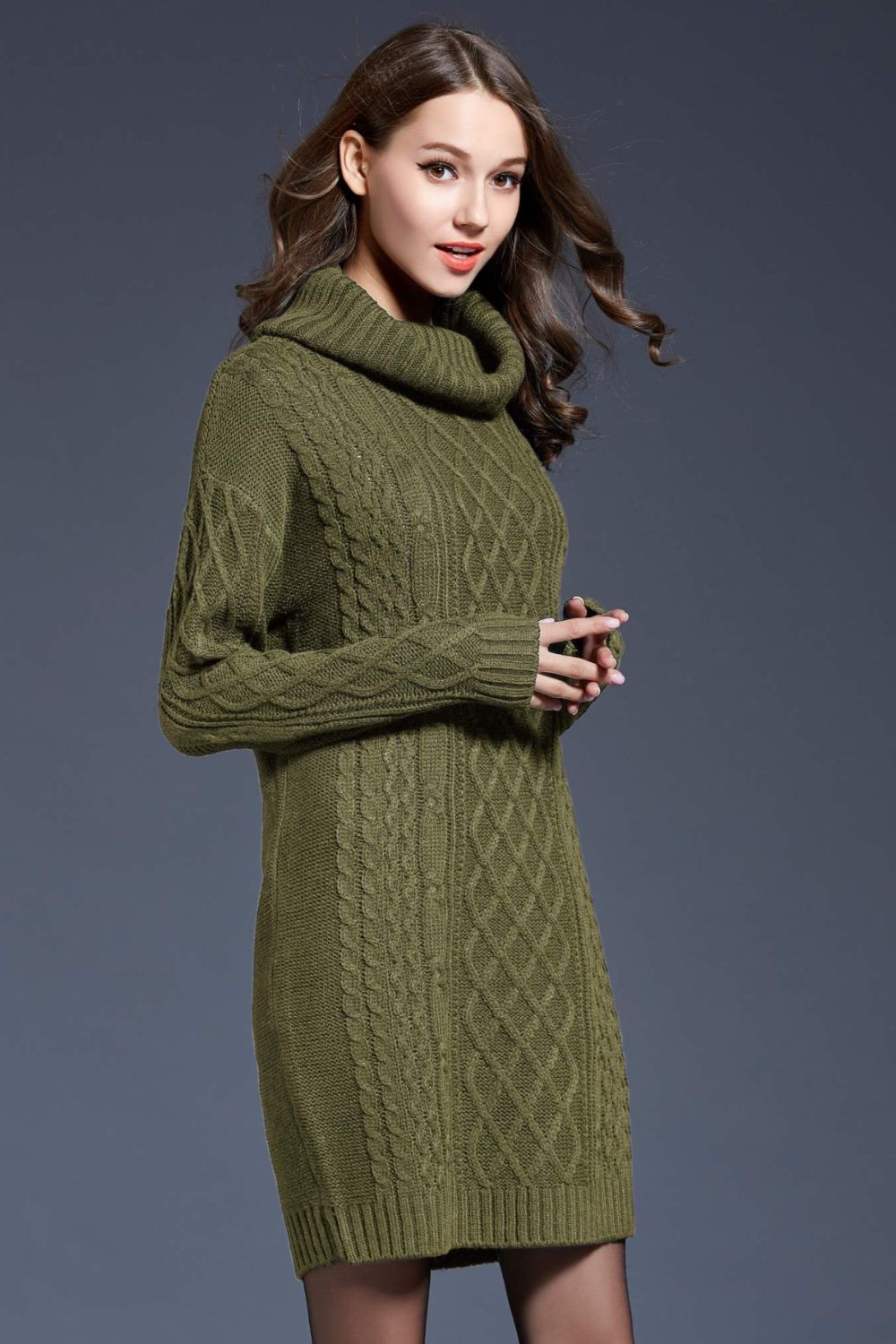 Full Size Mixed Knit Cowl Neck Dropped Shoulder Sweater Dress