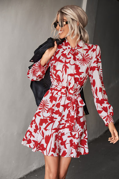 Floral Tie Neck Belted Puff Sleeve Dress