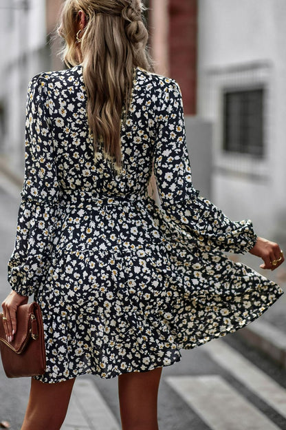 Floral Belted Puff Sleeve Mini Dress