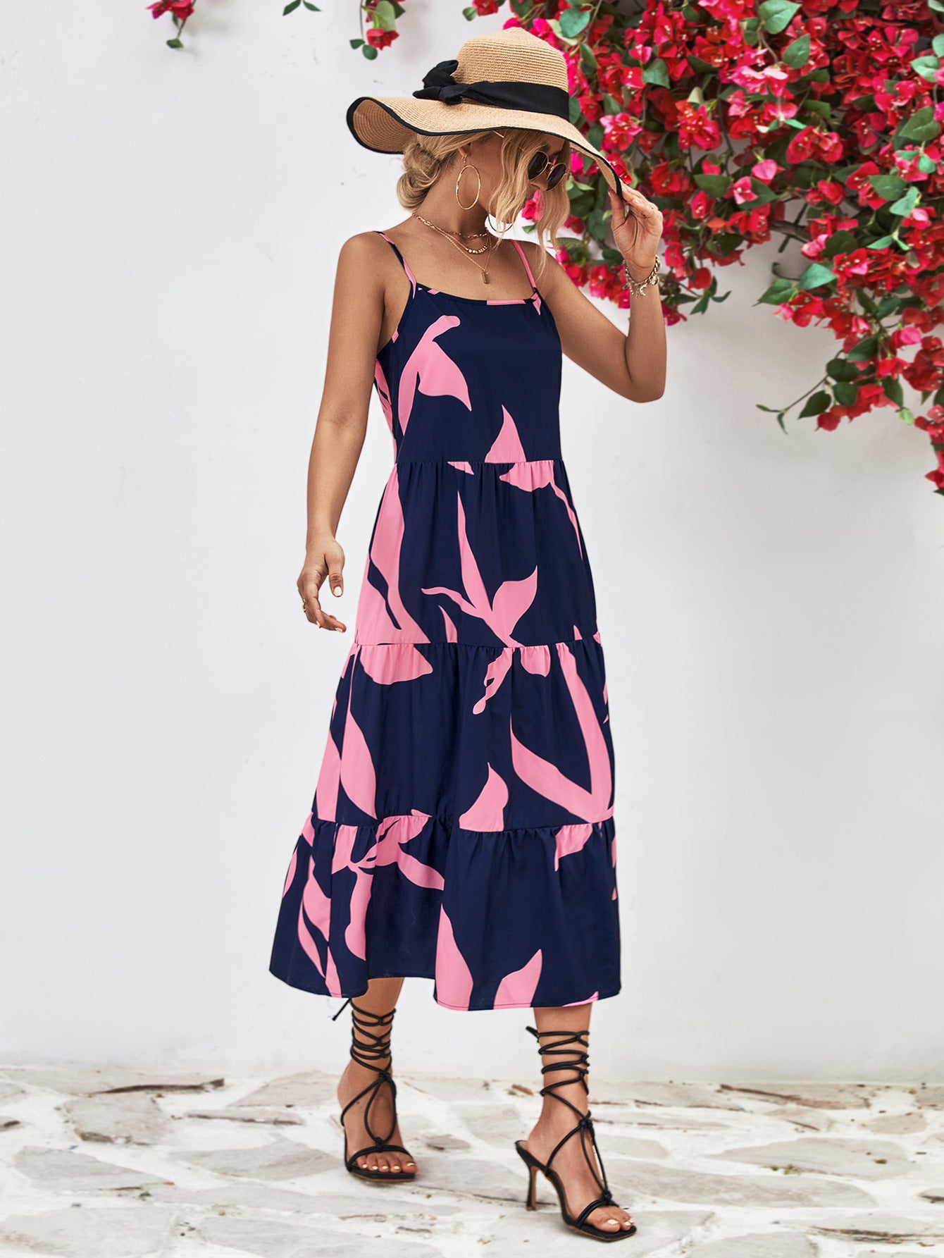 Printed Spaghetti Strap Tiered Midi Dress