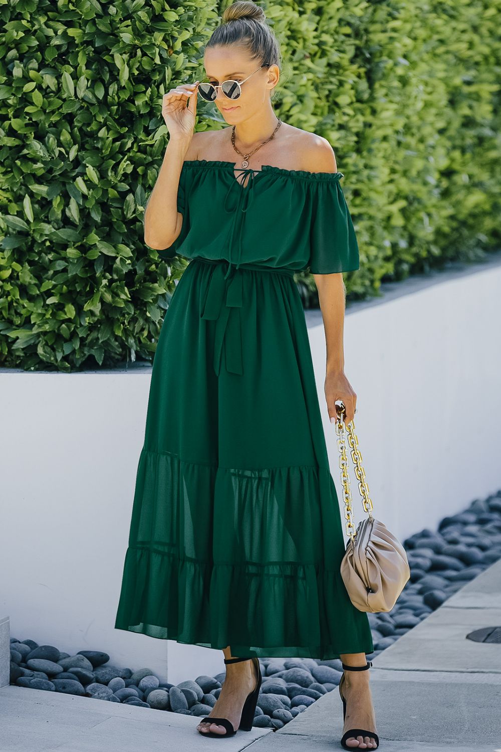 Tie Front Off-Shoulder Belted Tiered Maxi Dress